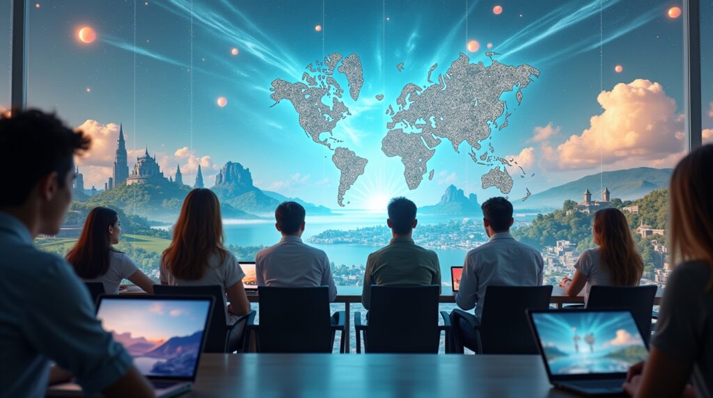 Everyday users exploring AI-generated worlds on laptops, VR headsets, and tablets powered by Google Genie 3.
