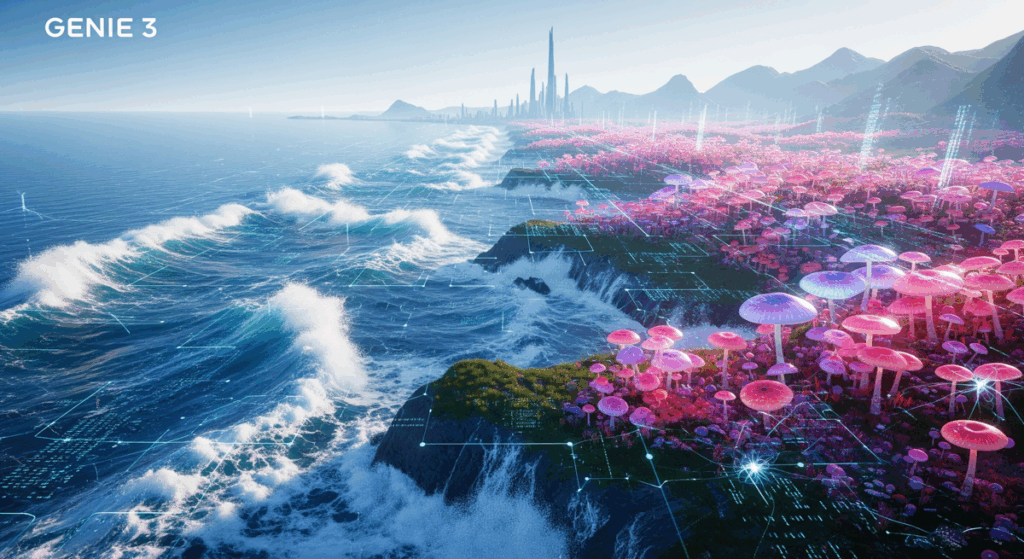 Beautiful AI-generated 3D environment blending realistic coastlines, glowing forests, and futuristic structures created by Google Genie 3.