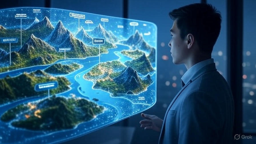 Photorealistic illustration of Google Genie 3 AI generating interactive 3D worlds from text prompts on a holographic display.
