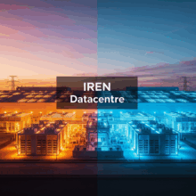 Futuristic data center blending Bitcoin mining and AI computing elements, representing IREN’s pivot to AI.