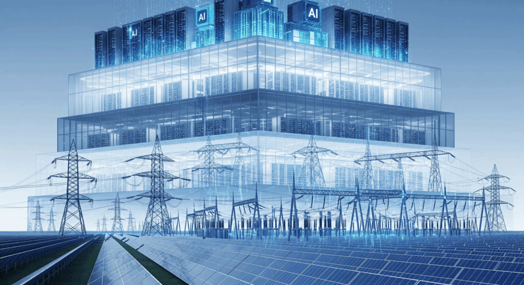 Visual representation of IREN’s vertically integrated business model covering energy, land, and AI infrastructure.