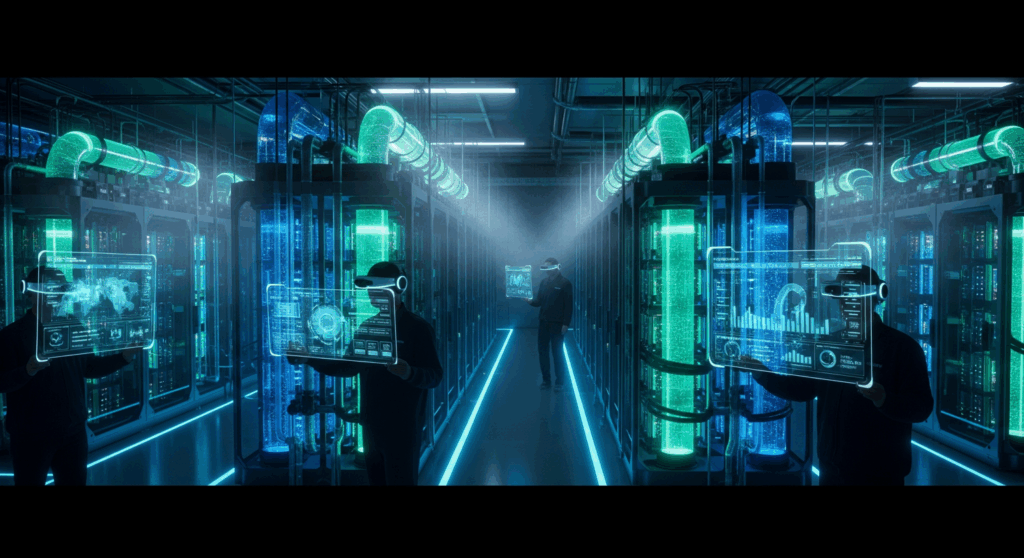 Futuristic AI data center featuring advanced liquid cooling and GPU clusters.