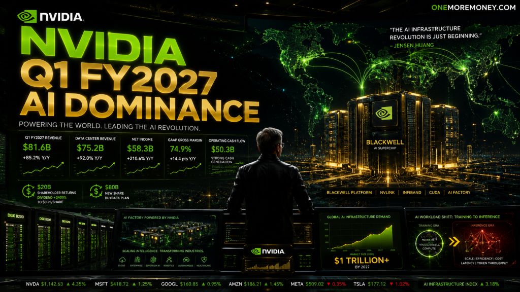 Corporate quarterly financial report presentation cover for Q1 FY2027 showing growth charts and data analytics.