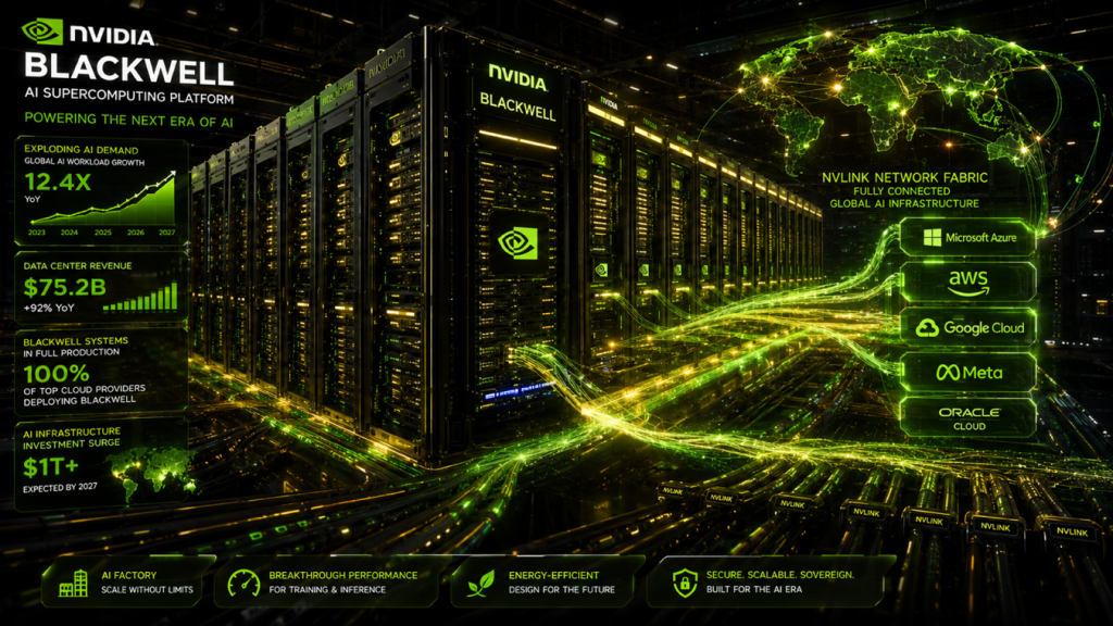 NVIDIA Blackwell AI supercomputing platform server racks featuring the GB200 NVL72 liquid-cooled architecture for enterprise data centers.