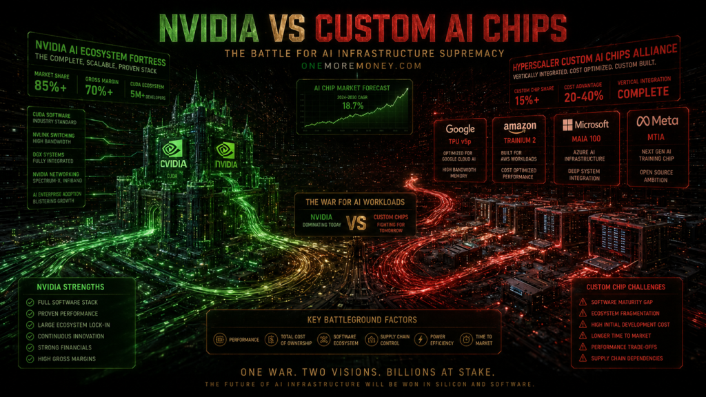 A futuristic cinematic illustration depicting a tech industry battle between NVIDIA and hyperscaler custom AI chips on a black background. On one side, a glowing green fortress represents the NVIDIA CUDA ecosystem. Facing it are advanced architectures representing Google TPU, Amazon Trainium, Microsoft Maia, and Meta MTIA chips, connected by holographic data streams in a green, gold, and red color scheme.