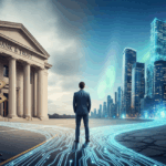 Investor choosing between traditional finance and blockchain future.