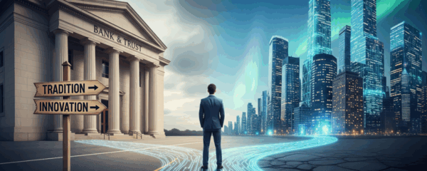 Investor choosing between traditional finance and blockchain future.