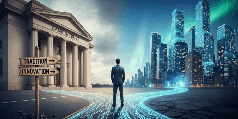Investor choosing between traditional finance and blockchain future.