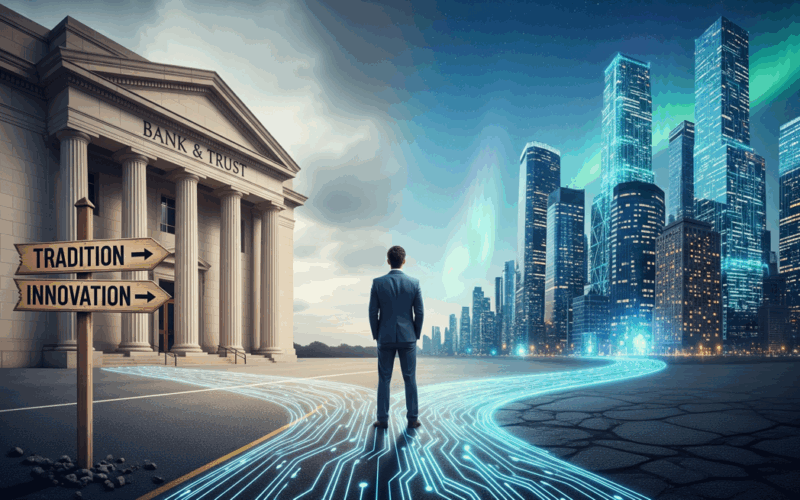 Investor choosing between traditional finance and blockchain future.