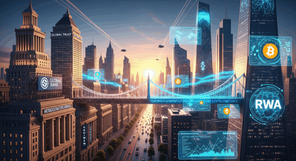 Futuristic cityscape merging old-world finance buildings with glowing blockchain technology.