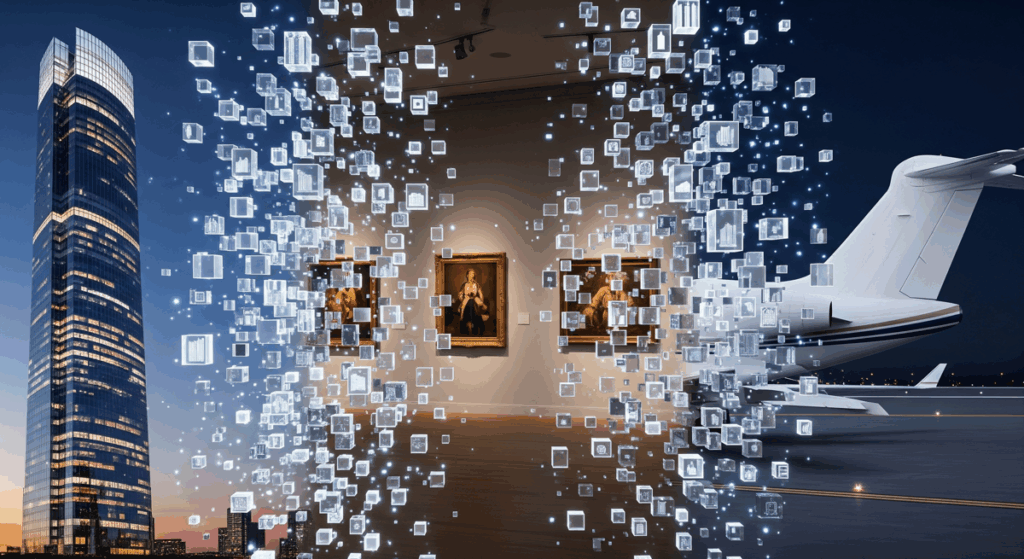 Luxury assets digitally fragmented into fractional blockchain tokens.