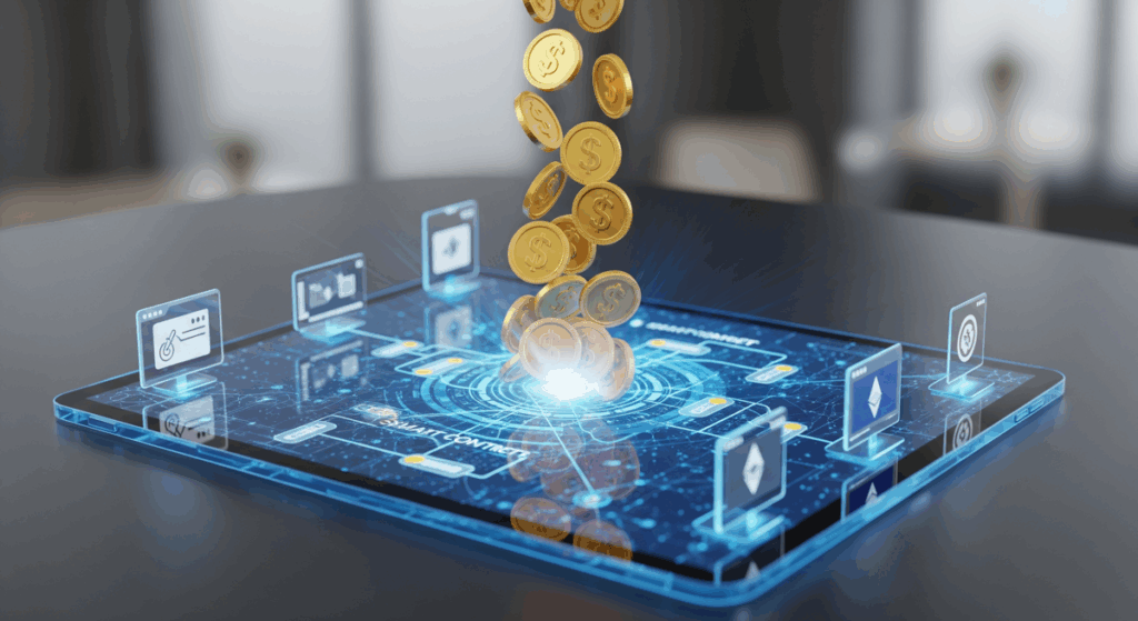 Smart contract on tablet distributing digital coins into wallets.
