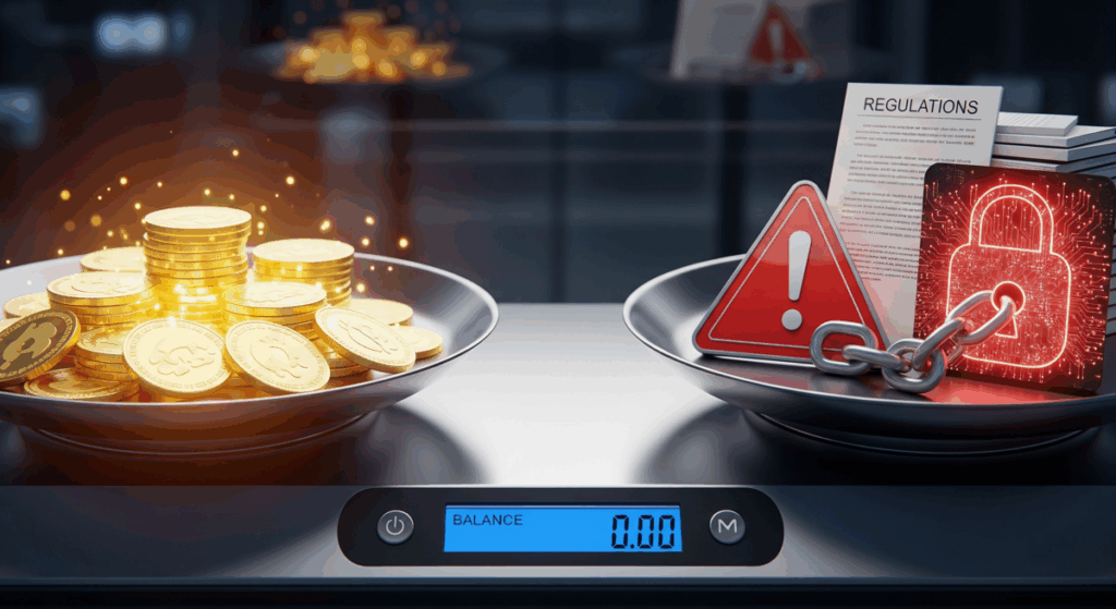 Digital scale balancing tokenized assets and risk symbols.